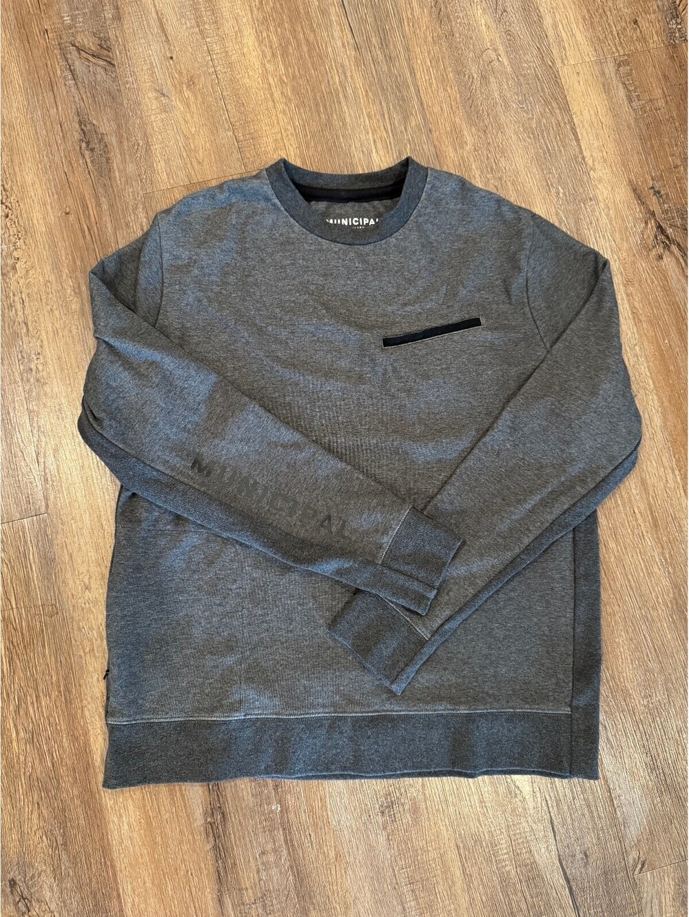 Municipal Men's Gray Crewneck Sweatshirt with Chest Pocket and Sleeve Logo